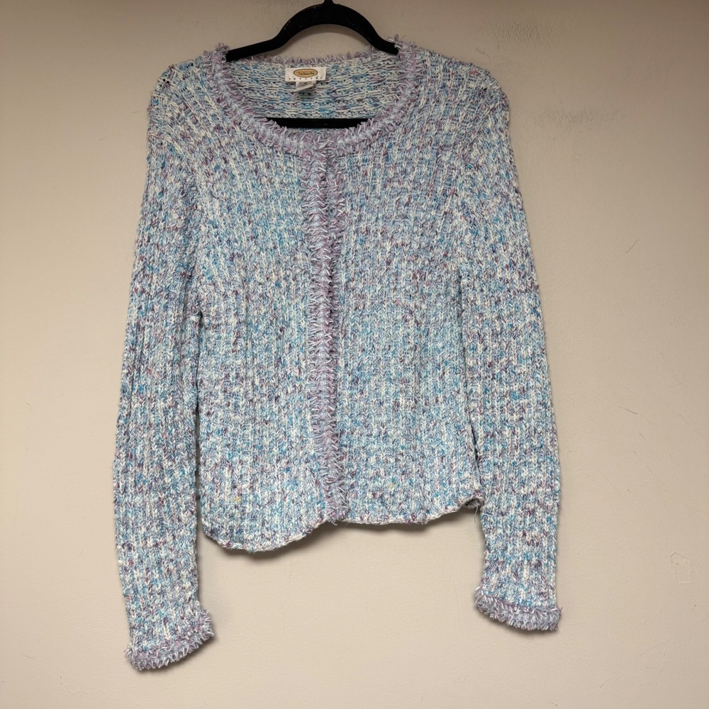 Talbots Cardigan Sweater Womens Medium Petites Blue Marled Knit Fringe Openโ
